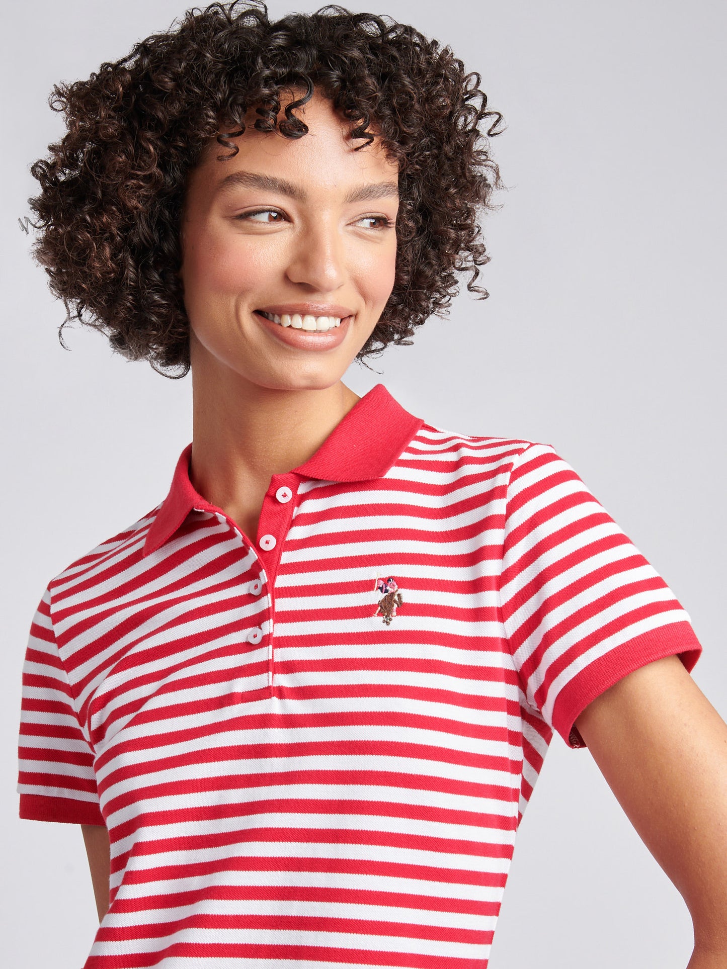 Womens Contrast Collar Stripe Polo Shirt in Jalapeno Red