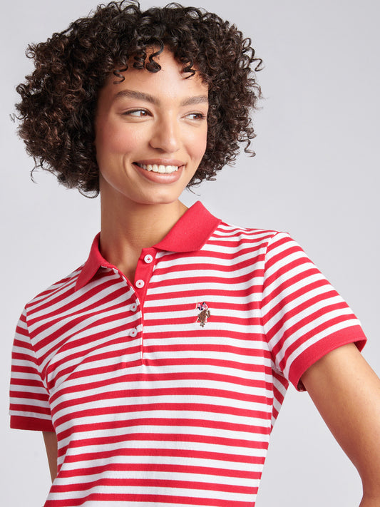 Womens Contrast Collar Stripe Polo Shirt in Jalapeno Red