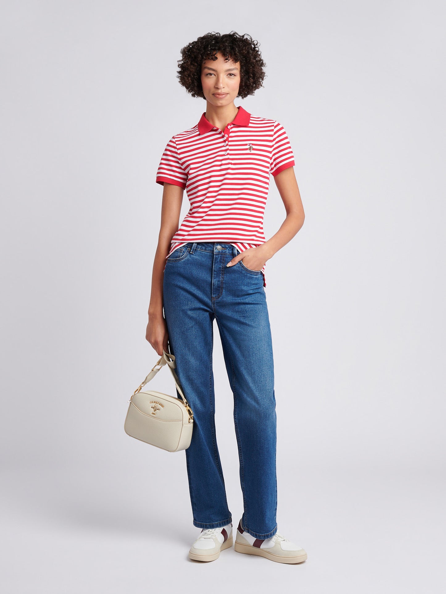 Womens Contrast Collar Stripe Polo Shirt in Jalapeno Red