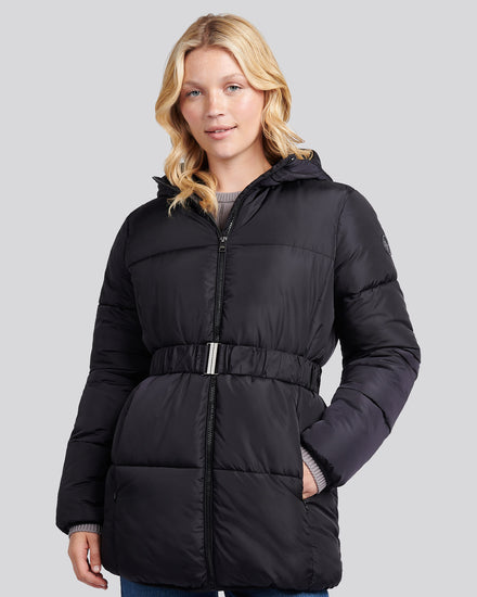 Womens Belted Puffer Jacket in Black