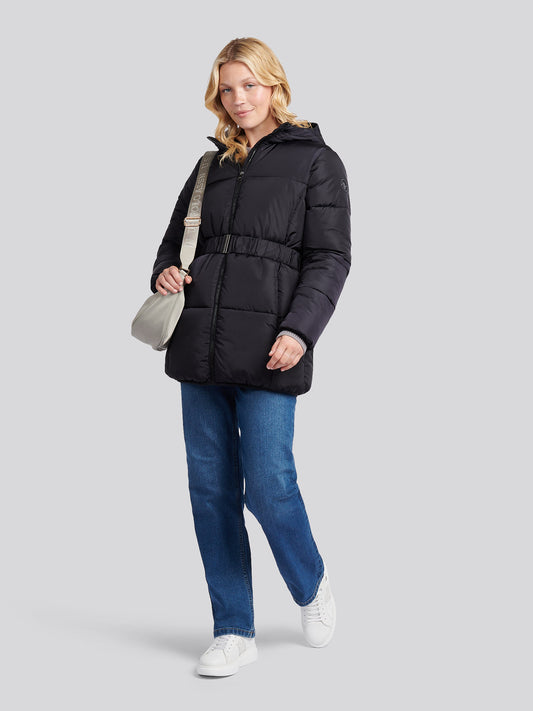 Womens Belted Puffer Jacket in Black