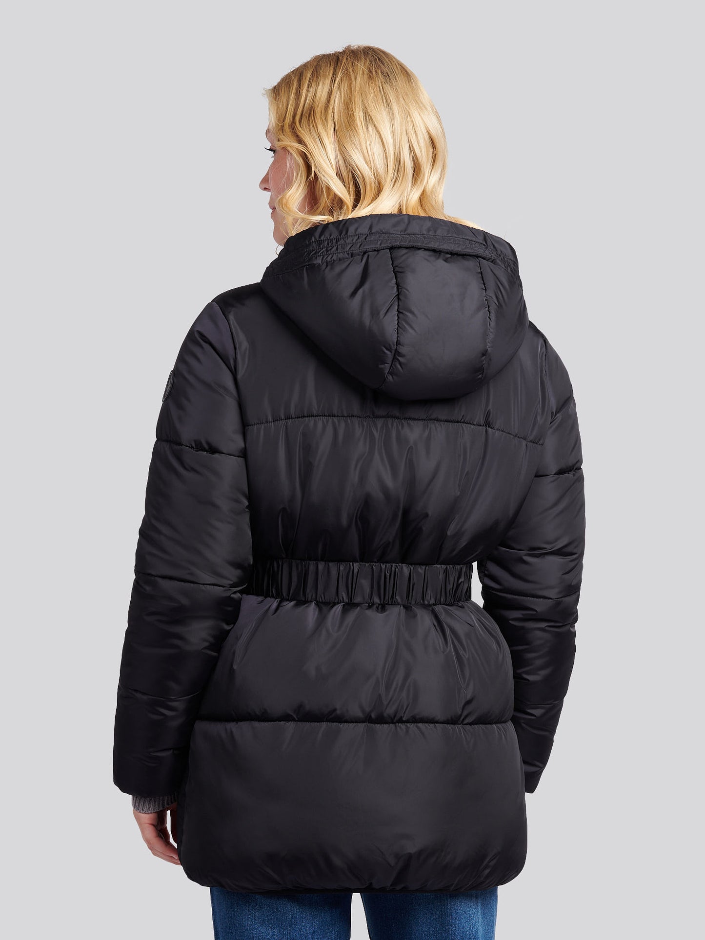 Womens Belted Puffer Jacket in Black