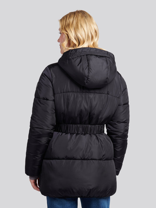 Womens Belted Puffer Jacket in Black