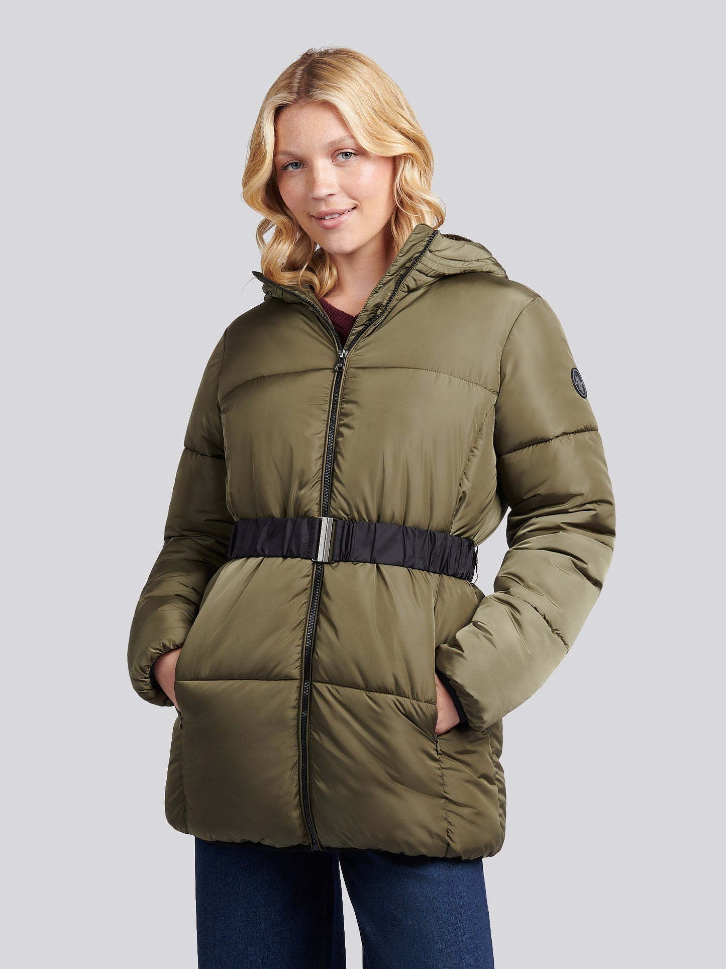 Womens Belted Puffer Jacket in Kalamata Green