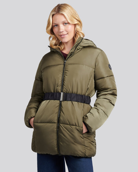 Womens Belted Puffer Jacket in Kalamata Green