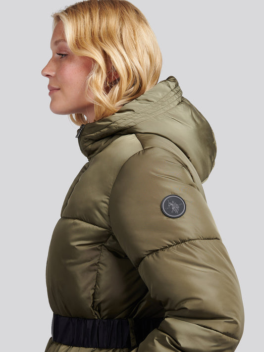 Womens Belted Puffer Jacket in Kalamata Green