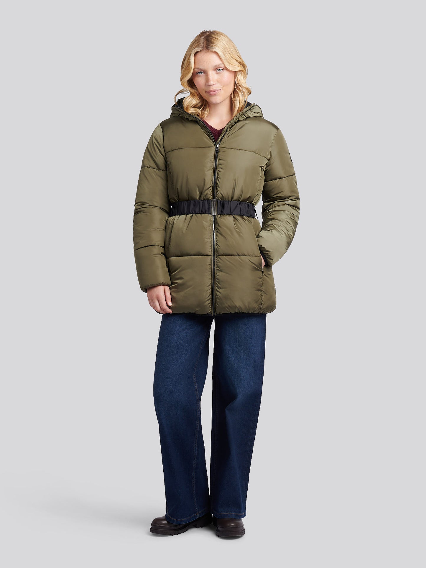Womens Belted Puffer Jacket in Kalamata Green