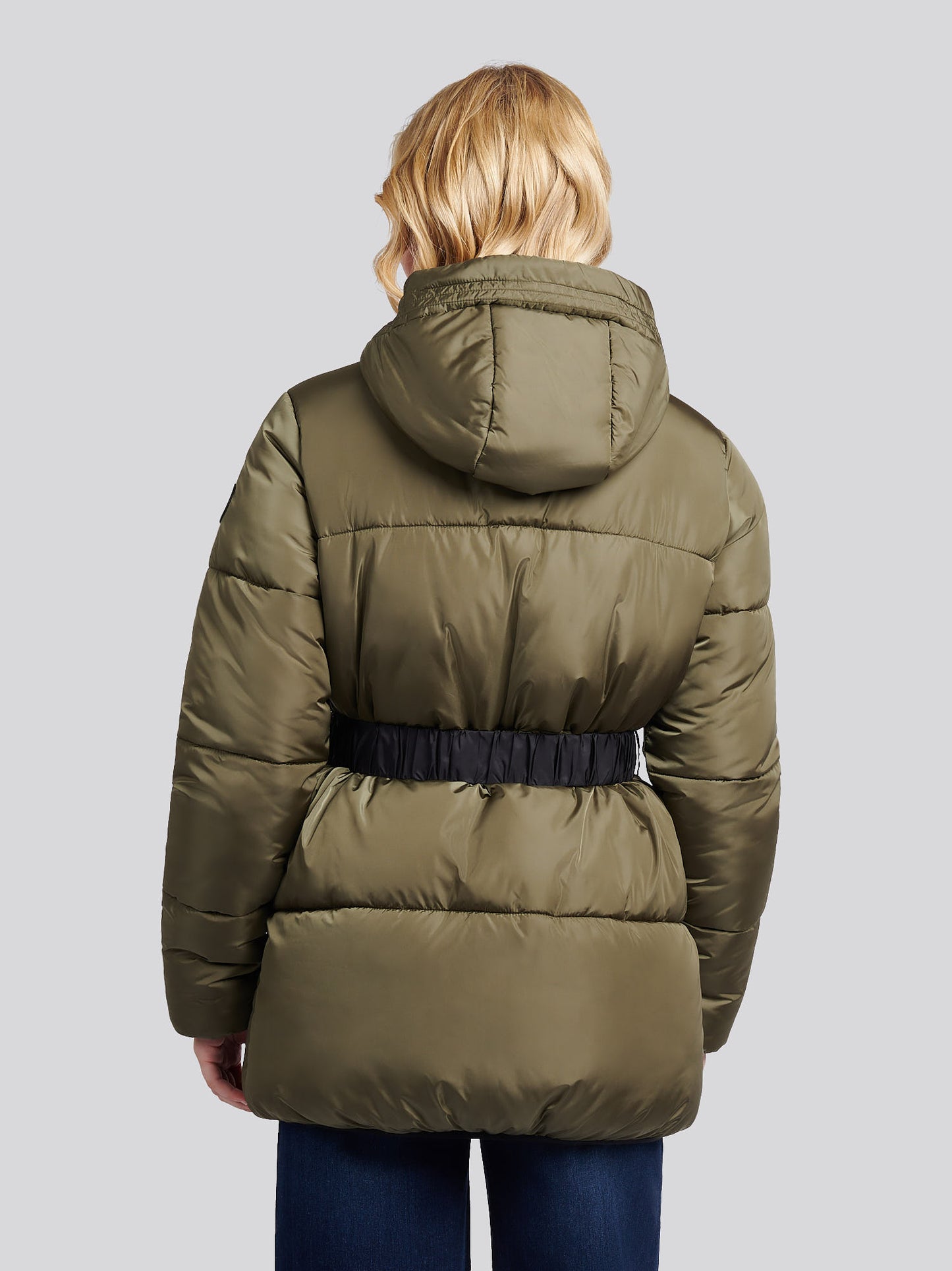 Womens Belted Puffer Jacket in Kalamata Green