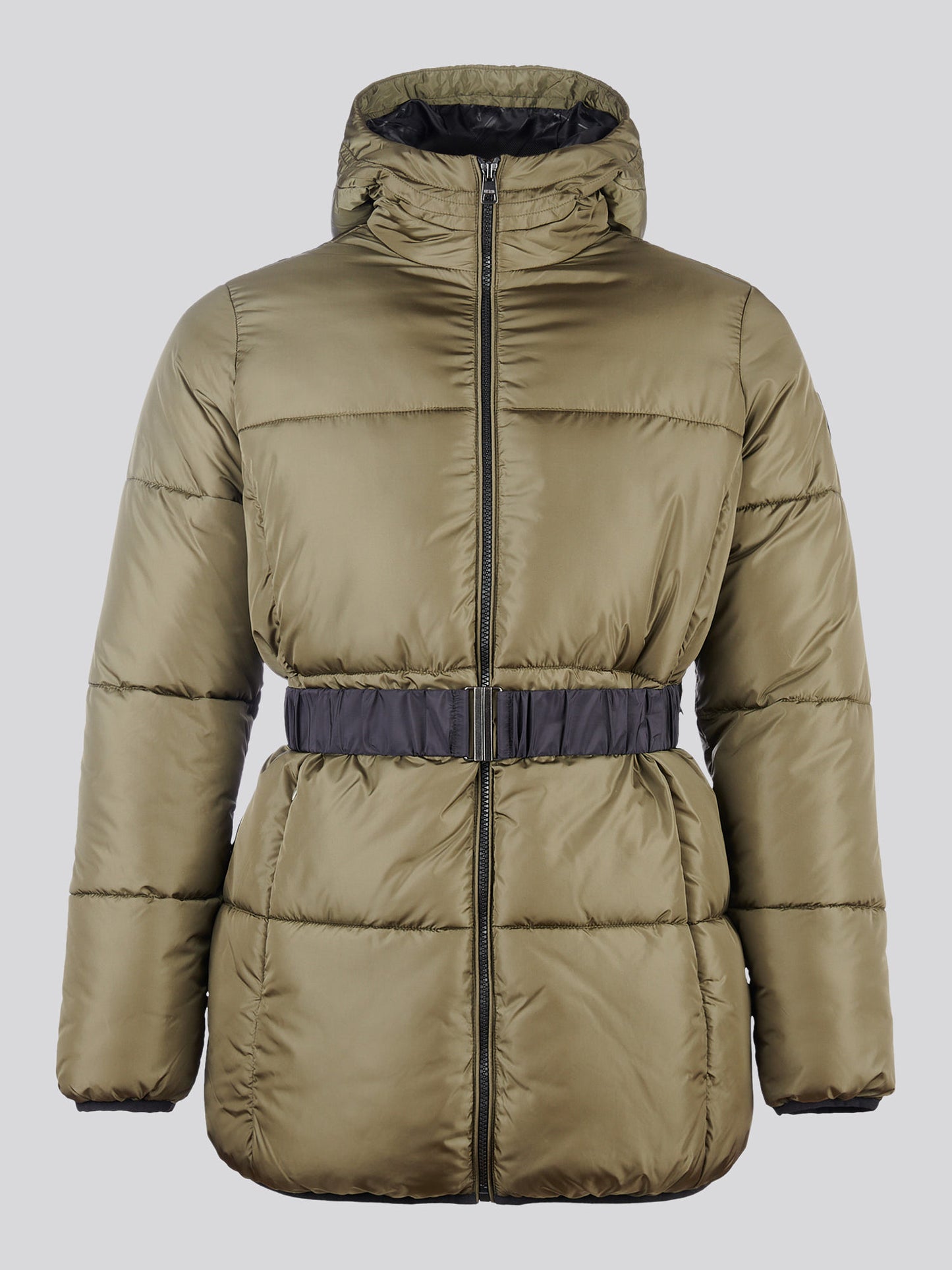 Womens Belted Puffer Jacket in Kalamata Green