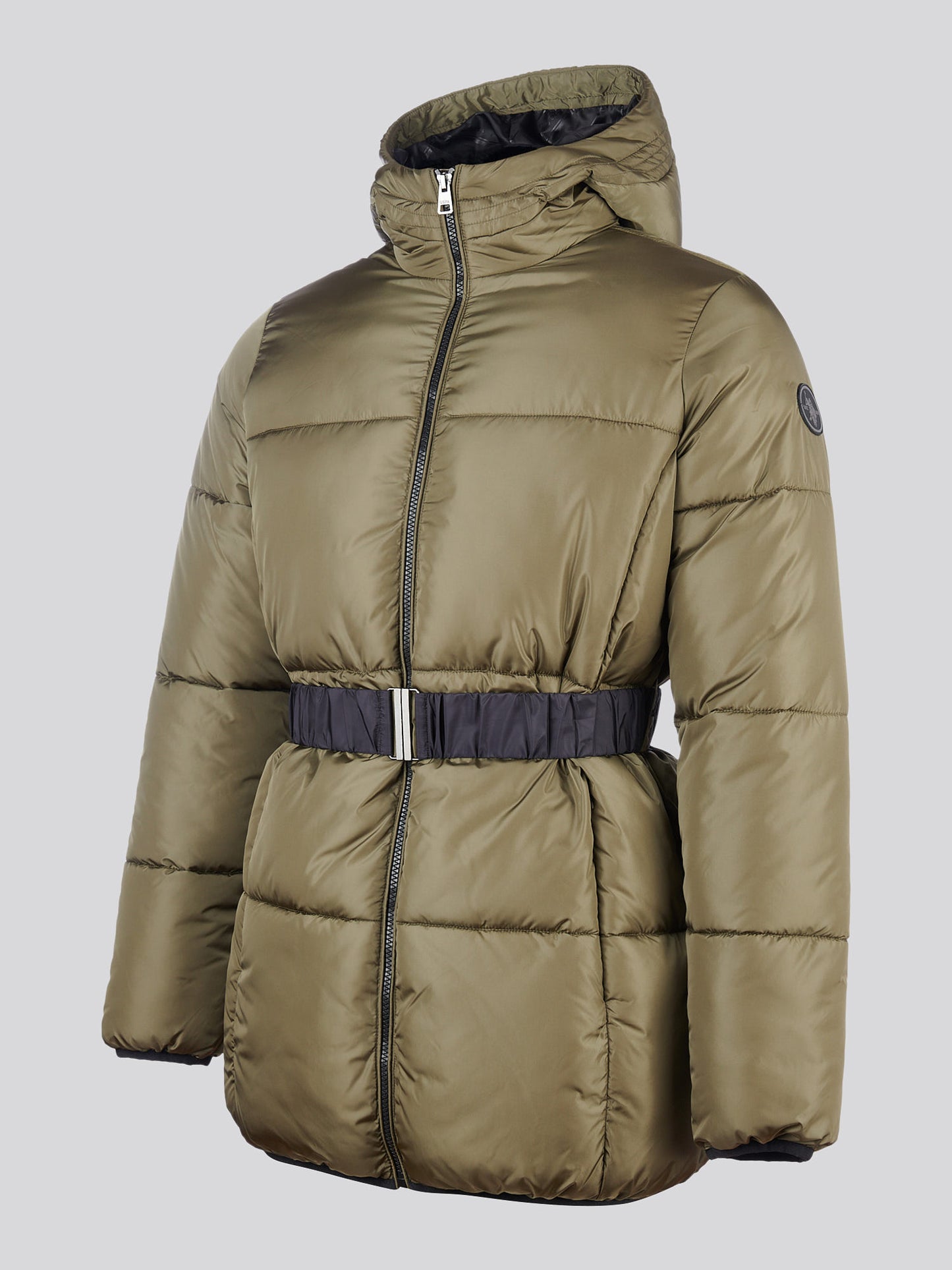 Womens Belted Puffer Jacket in Kalamata Green
