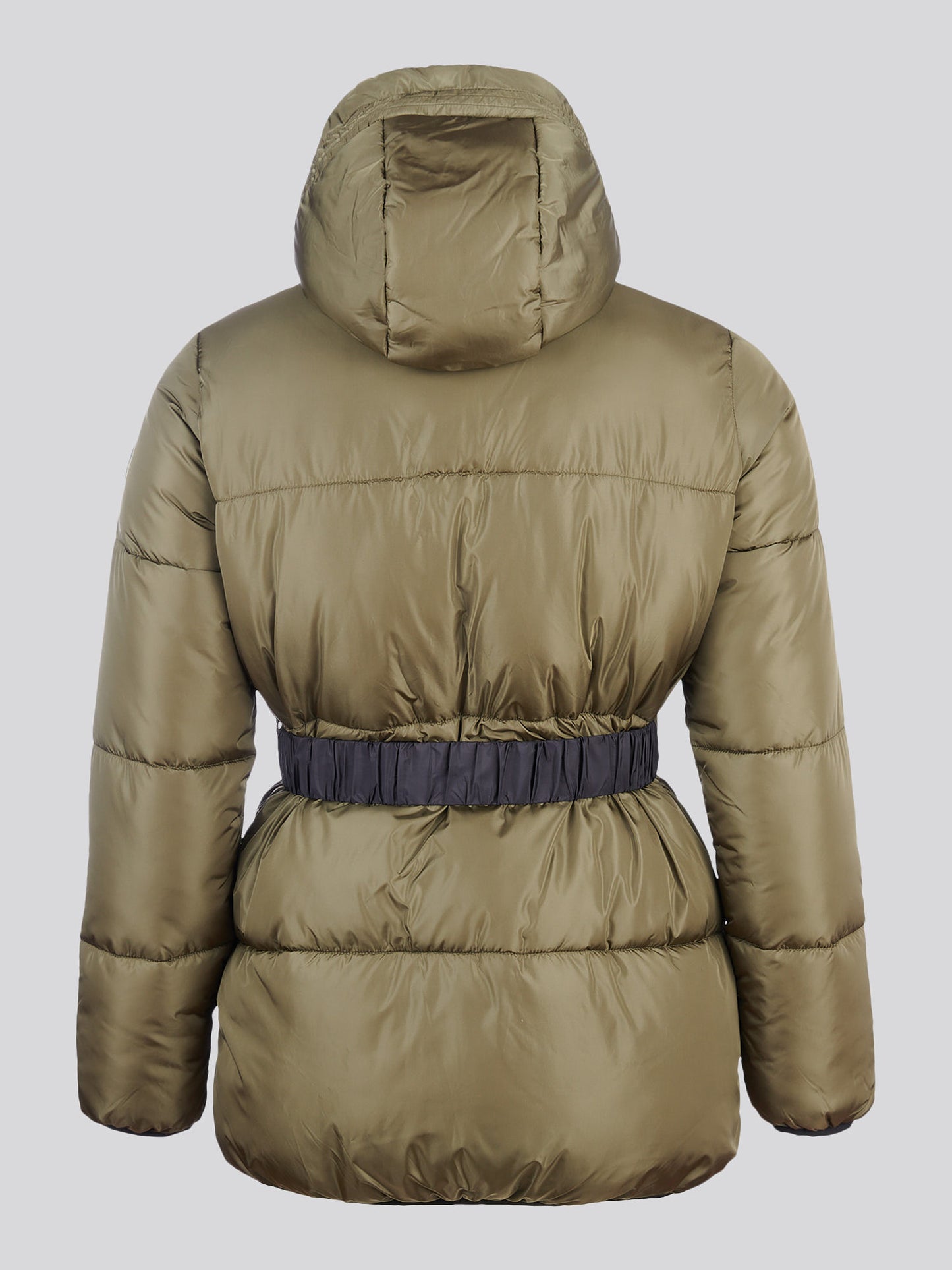 Womens Belted Puffer Jacket in Kalamata Green