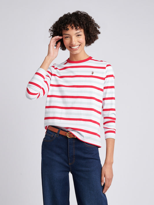 Womens Two Colour Stripe Long Sleeve T-Shirt in Jalapeno Red