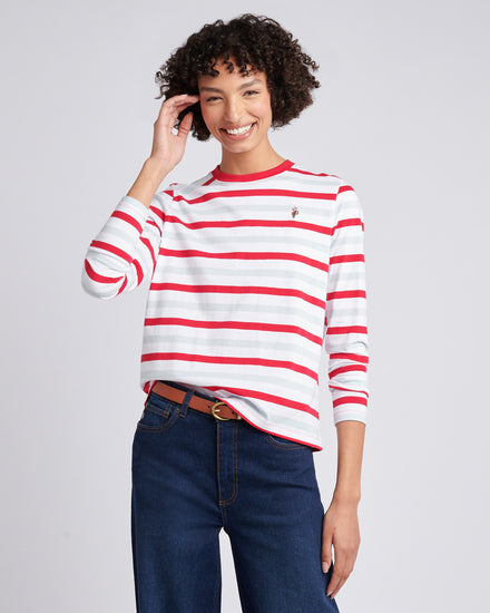 Womens Two Colour Stripe Long Sleeve T-Shirt in Jalapeno Red