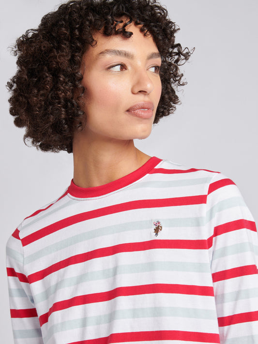 Womens Two Colour Stripe Long Sleeve T-Shirt in Jalapeno Red