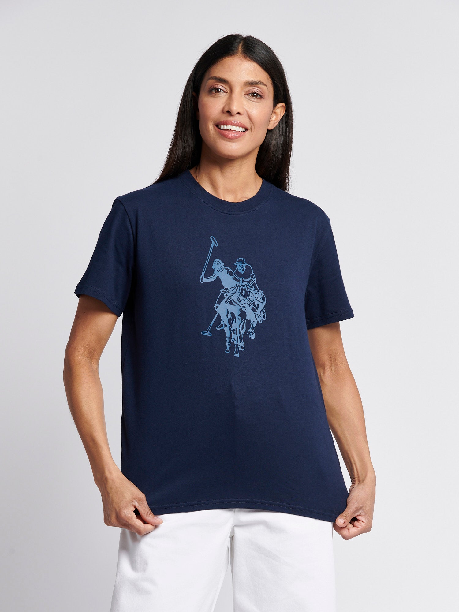 Womens Double Horsemen Print Crew Neck T-Shirt in Navy Iris – U.S.
