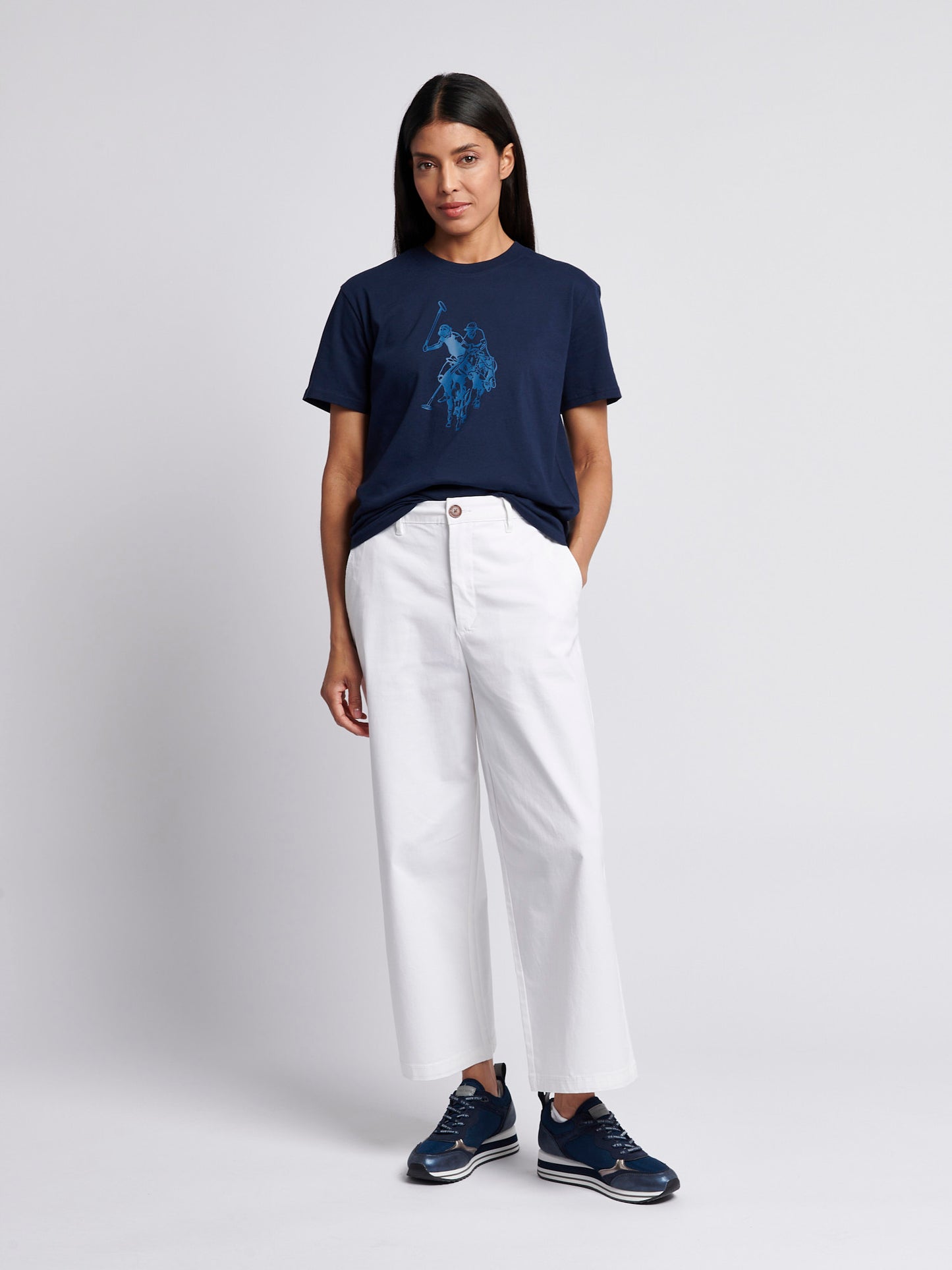 Womens Double Horsemen Print Crew Neck T-Shirt in Navy Iris