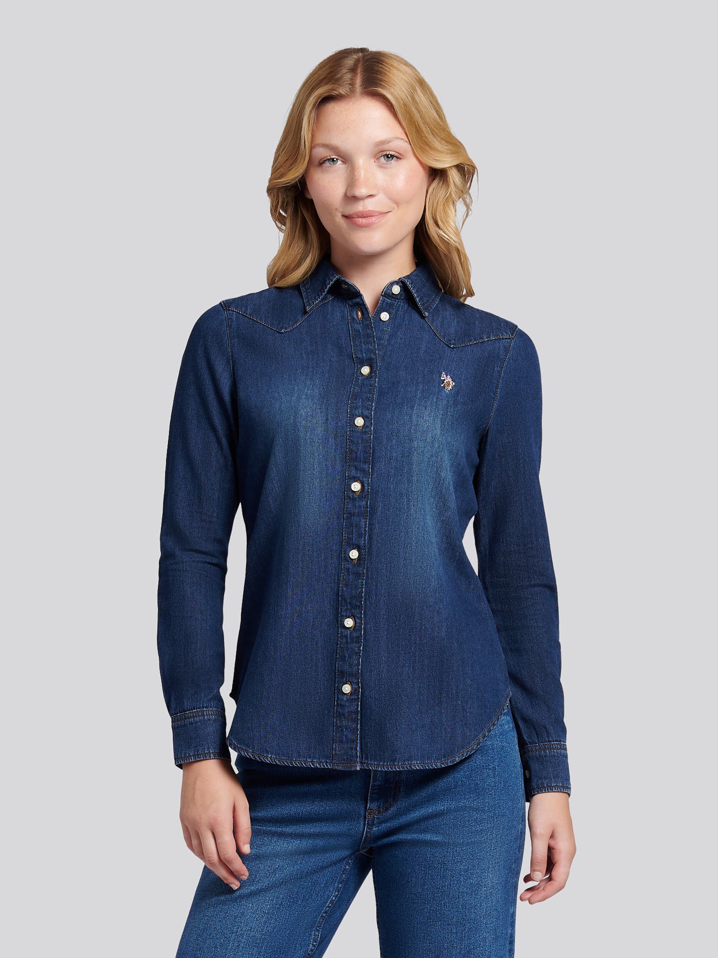 Womens Denim Shirt in Dark Blue Wash
