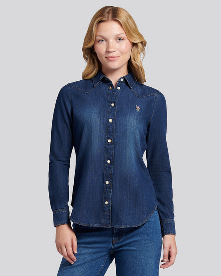 Womens Denim Shirt in Dark Blue Wash