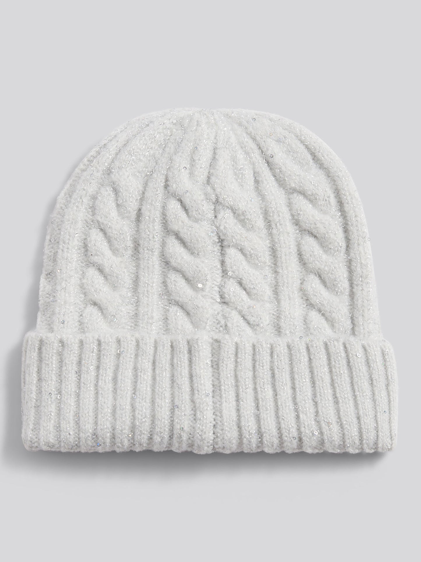 Womens Signature Cable Sequin Knit Beanie in Light Grey Marl WUP
