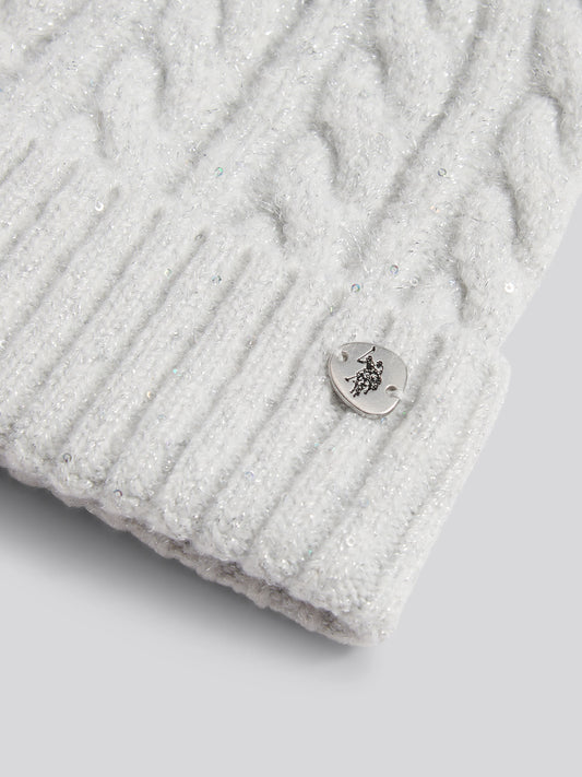 Womens Signature Cable Sequin Knit Beanie in Light Grey Marl WUP