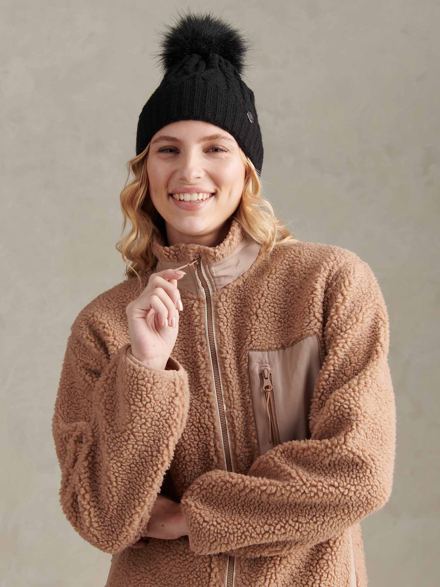 Womens Twist Cable Fur Bobble Knit Beanie in Black