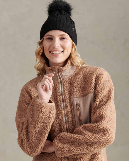 Womens Twist Cable Fur Bobble Knit Beanie in Black