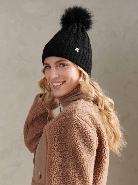 Womens Twist Cable Fur Bobble Knit Beanie in Black