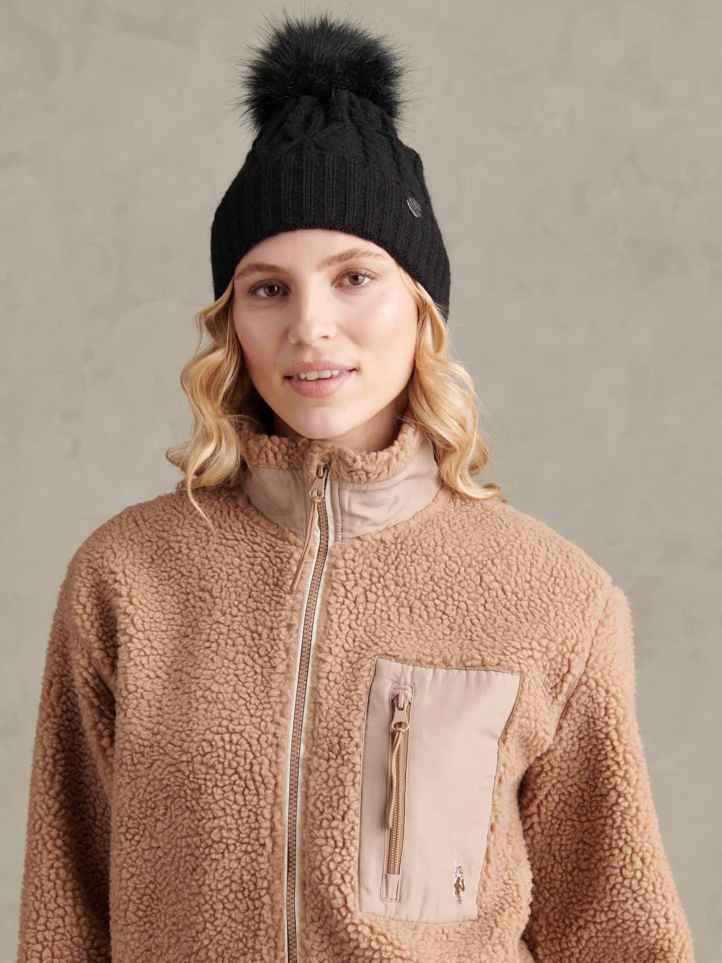 Womens Twist Cable Fur Bobble Knit Beanie in Black