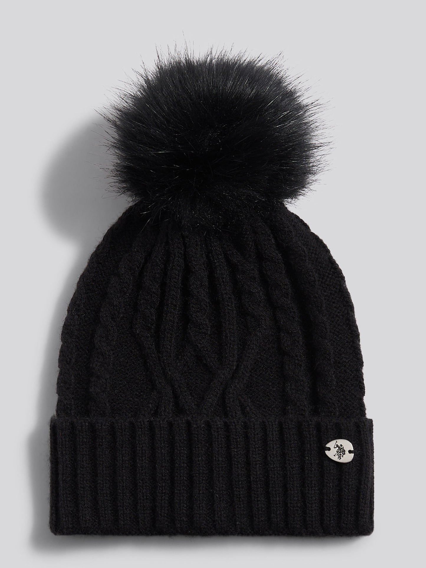 Womens Twist Cable Fur Bobble Knit Beanie in Black