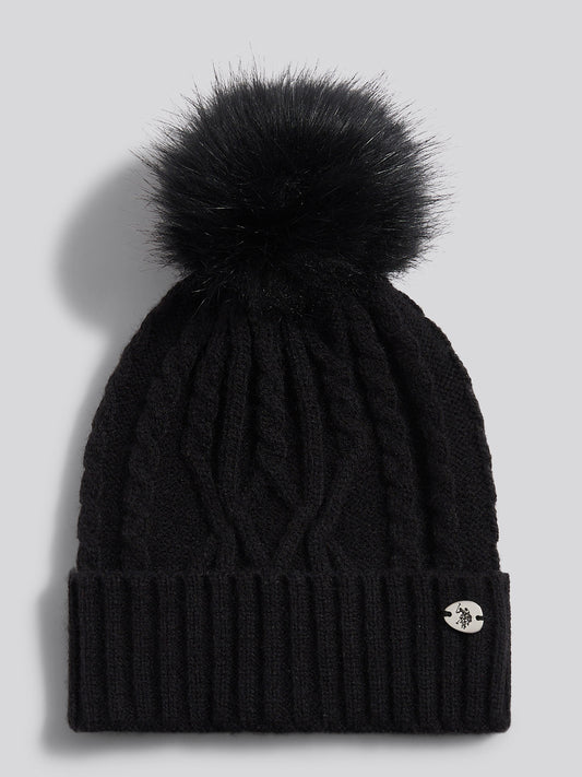 Womens Twist Cable Fur Bobble Knit Beanie in Black