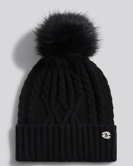 Womens Twist Cable Fur Bobble Knit Beanie in Black