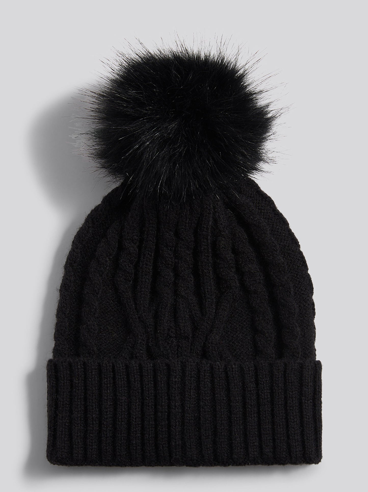 Womens Twist Cable Fur Bobble Knit Beanie in Black