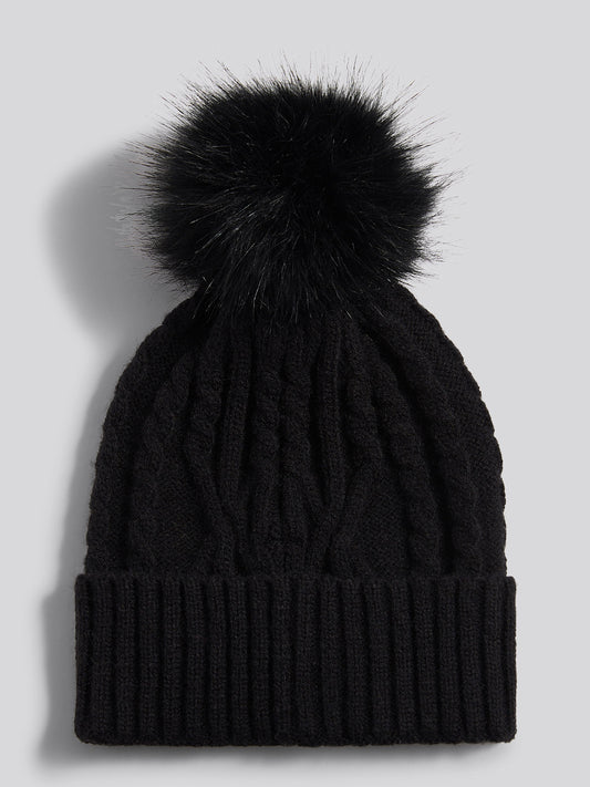 Womens Twist Cable Fur Bobble Knit Beanie in Black