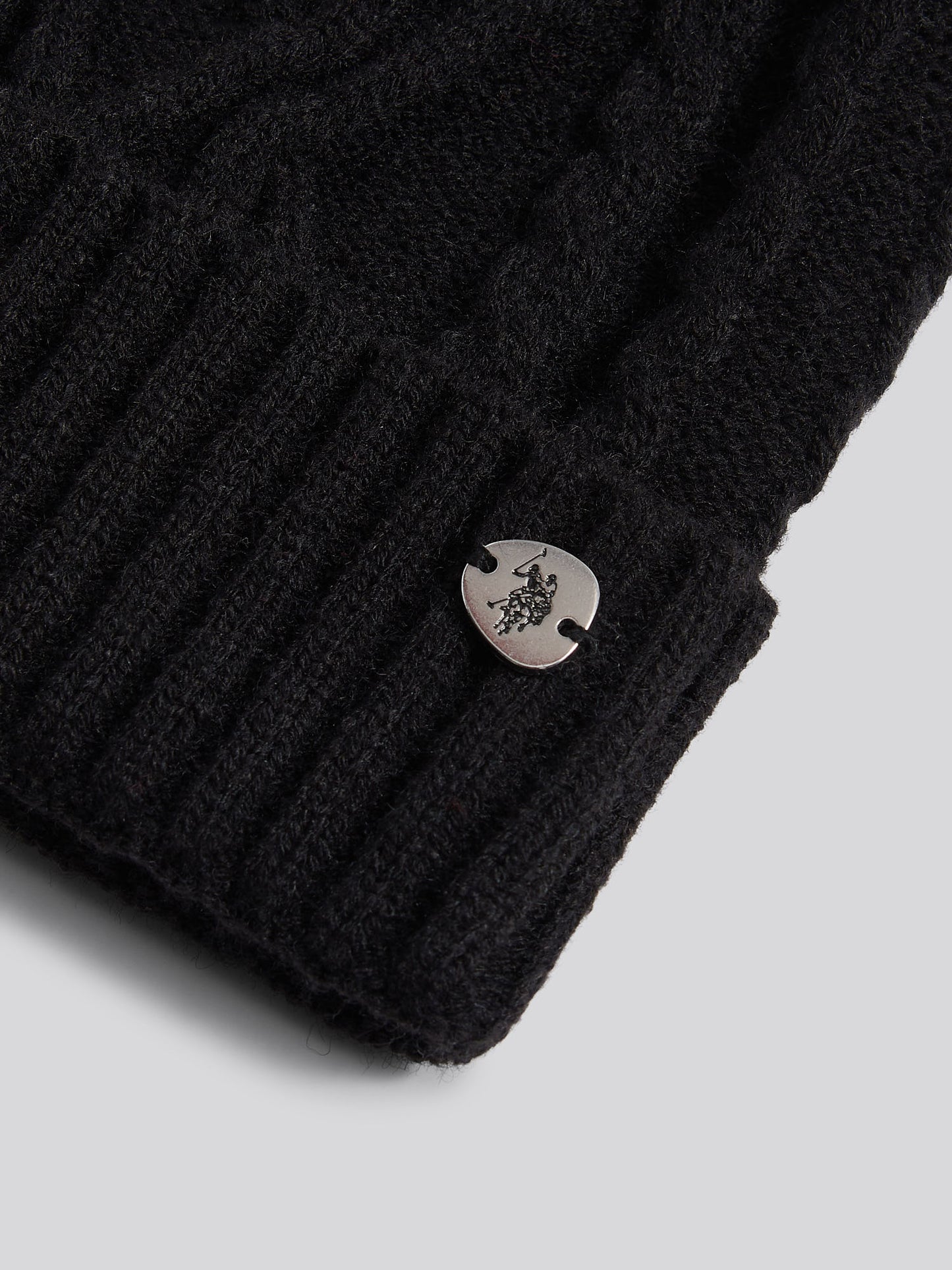 Womens Twist Cable Fur Bobble Knit Beanie in Black