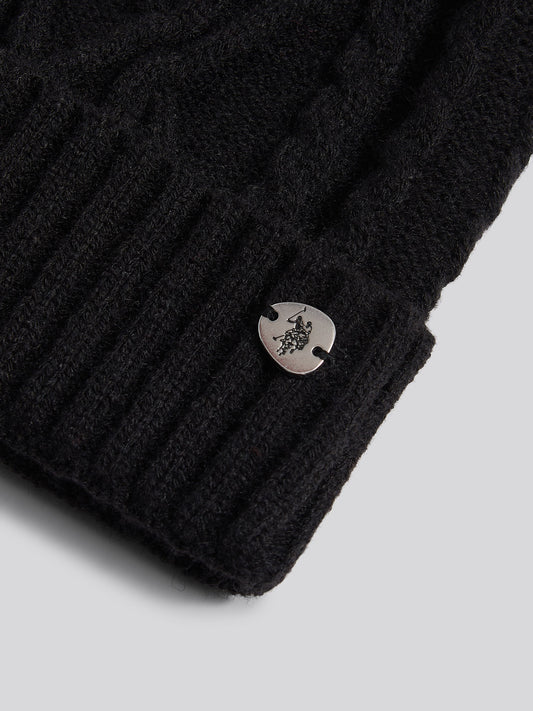 Womens Twist Cable Fur Bobble Knit Beanie in Black