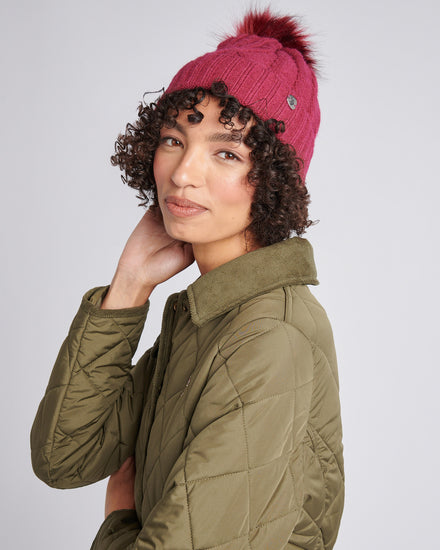 Womens Twist Cable Fur Bobble Knit Beanie in Beaujolais