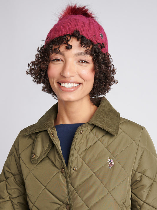 Womens Twist Cable Fur Bobble Knit Beanie in Beaujolais