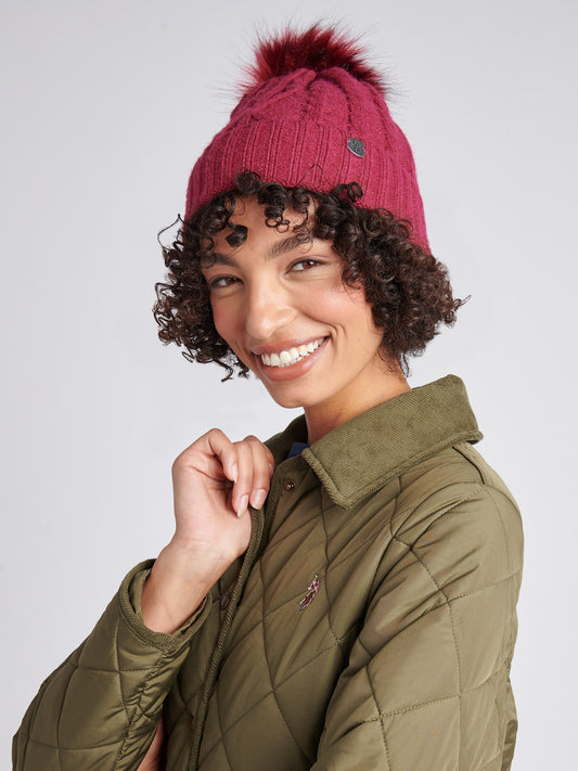 Womens Twist Cable Fur Bobble Knit Beanie in Beaujolais