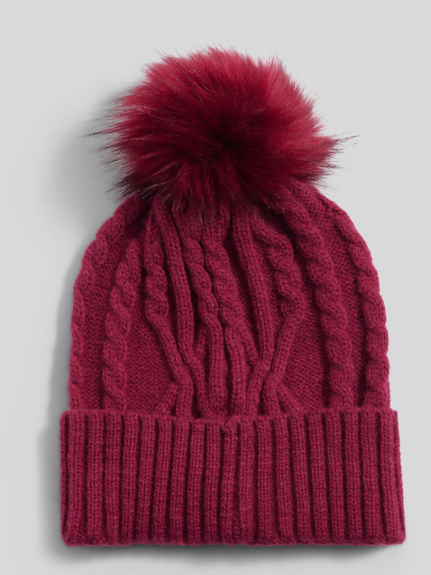 Womens Twist Cable Fur Bobble Knit Beanie in Beaujolais
