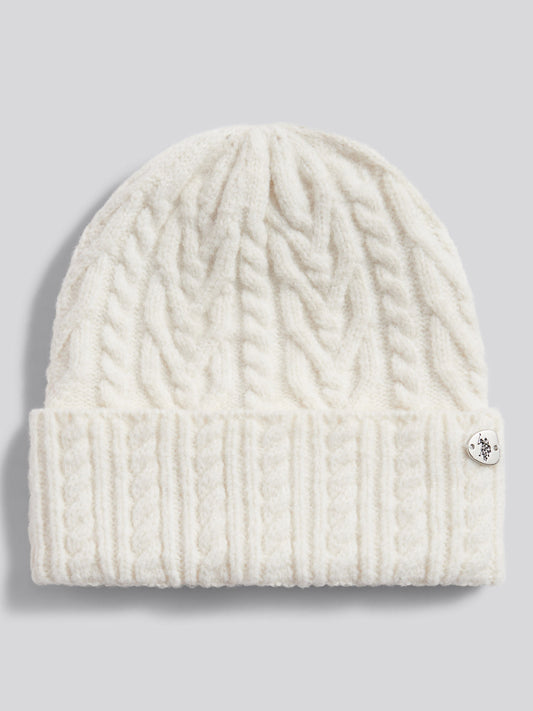 Womens Aran Cable Knit Beanie in Marshmallow