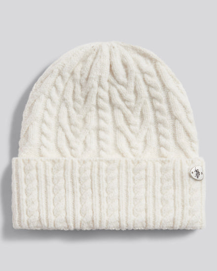 Womens Aran Cable Knit Beanie in Marshmallow