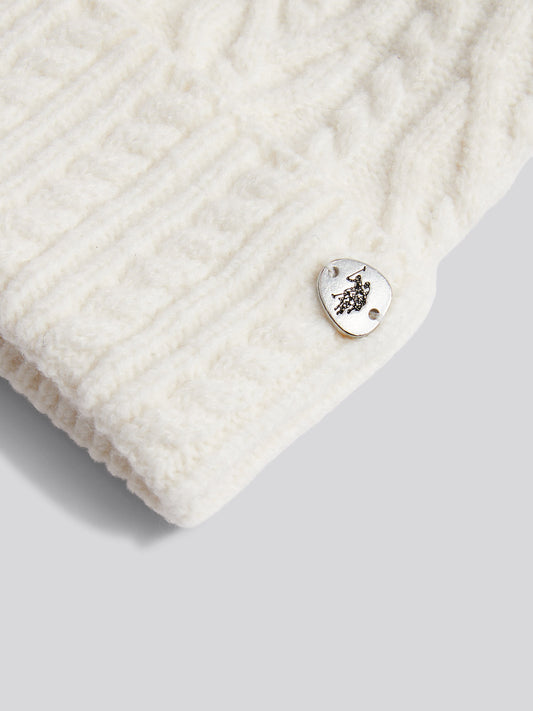 Womens Aran Cable Knit Beanie in Marshmallow