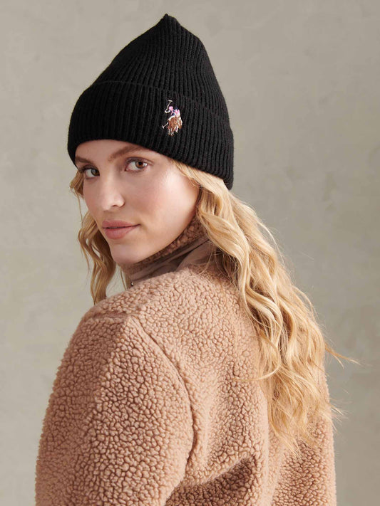 Womens Multicolour Double Horsemen Knit Beanie in Black