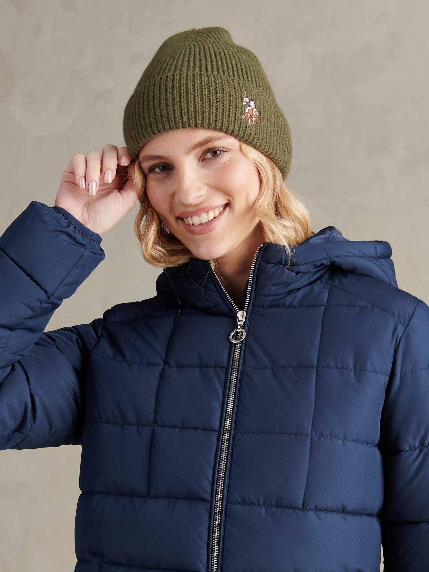 Womens Multicolour Double Horsemen Knit Beanie in Kalamata Green