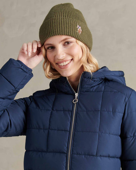 Womens Multicolour Double Horsemen Knit Beanie in Kalamata Green