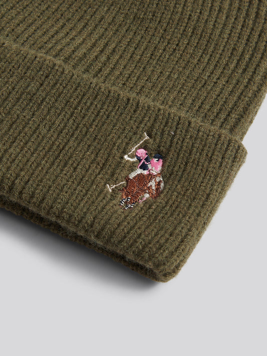 Womens Multicolour Double Horsemen Knit Beanie in Kalamata Green