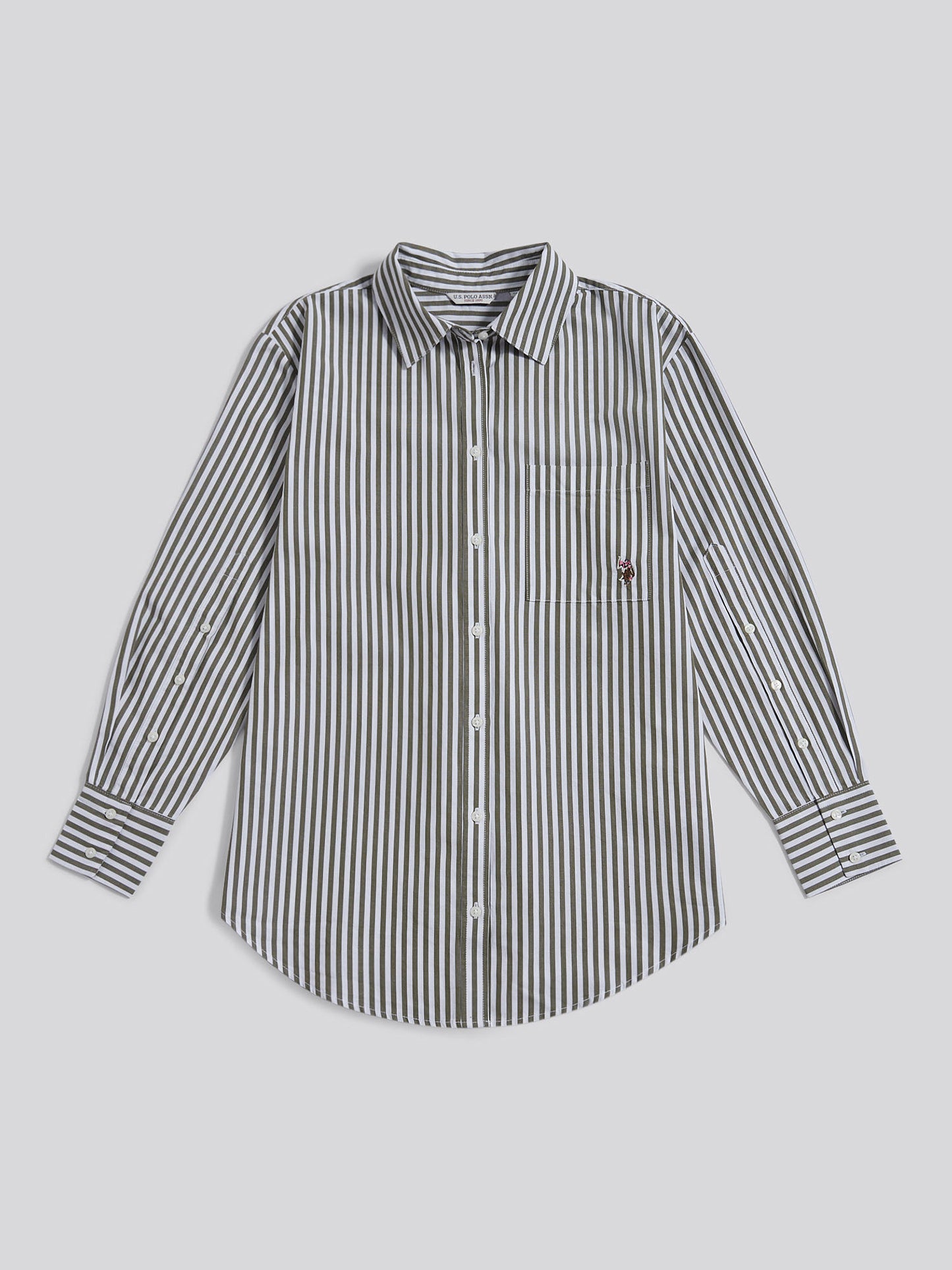 Womens Cotton Poplin Loose Fit Stripe Shirt in Kalamata Green