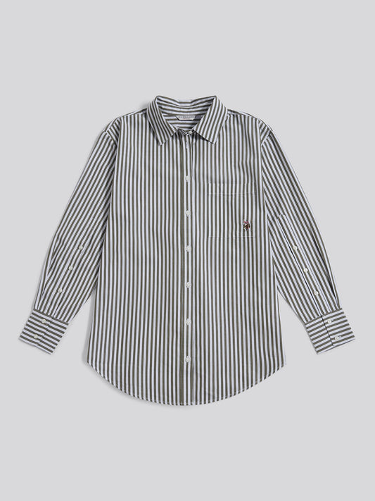 Womens Cotton Poplin Loose Fit Stripe Shirt in Kalamata Green