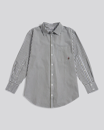 Womens Cotton Poplin Loose Fit Stripe Shirt in Kalamata Green