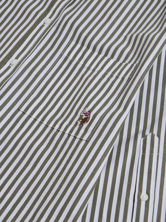 Womens Cotton Poplin Loose Fit Stripe Shirt in Kalamata Green